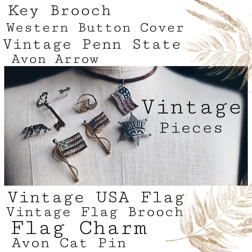8pc Vintage Brooch & Pin Lot - Avon, Penn State, Western Button Cover